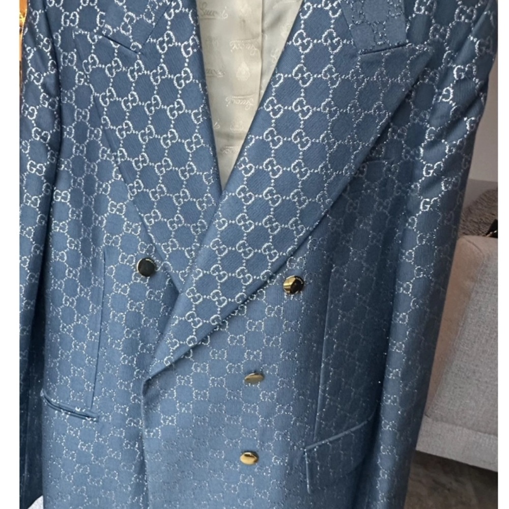 Gucci Navy Monogram Double-Breasted Blazer